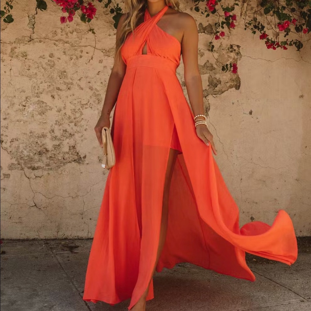 Brand new Vici coral halter maxi dress. M